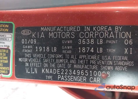 2009 Kia Rio Lx z USA, uszkodzony, nr VIN KNADE223496510008